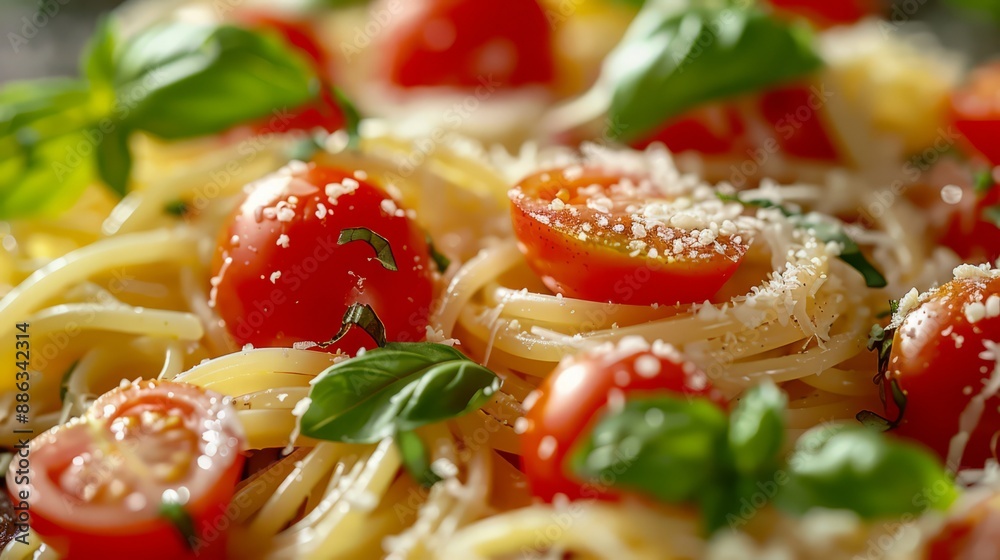 Classic Italian pasta dish with fresh basil, cherry tomatoes, and a sprinkle of Parmesan Classic Italian pasta dish with fresh basil, cherry tomatoes, and a sprinkle of Parmesan