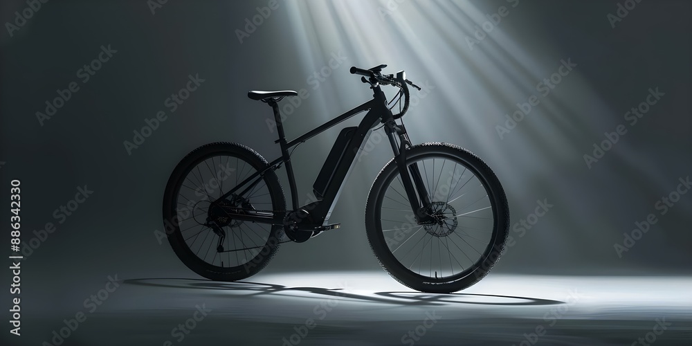 Elegant black and white ebike highlighted by professional lighting in empty studio. Concept Ebike Photoshoot, Studio Lighting, Elegant Black & White, Professional Setting Elegant black and white ebike highlighted by professional lighting in empty studio. Concept Ebike Photoshoot, Studio Lighting, Elegant Black & White, Professional Setting