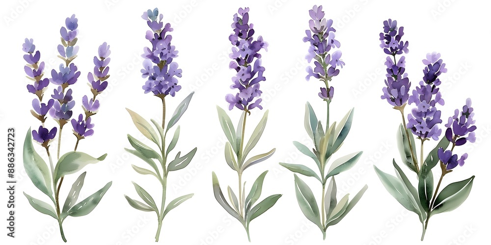 Fototapeta premium Watercolor lavender flower set on a white background for wedding invitation design. Concept Wedding Invitations, Watercolor Flowers, Lavender Theme, White Background, Floral Design