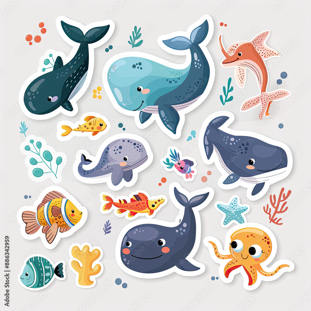 A Set of Sea Animals Stickers. Cute whale, squid, octopus, stingray, jellyfish, fish, crab, seahorse. Underwater life. Fish and wild sea animals isolated on white background. Cartoon style. A Set of Sea Animals Stickers. Cute whale, squid, octopus, stingray, jellyfish, fish, crab, seahorse. Underwater life. Fish and wild sea animals isolated on white background. Cartoon style.