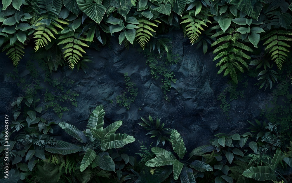 Fototapeta premium Dark Green Jungle Wall with Ferns