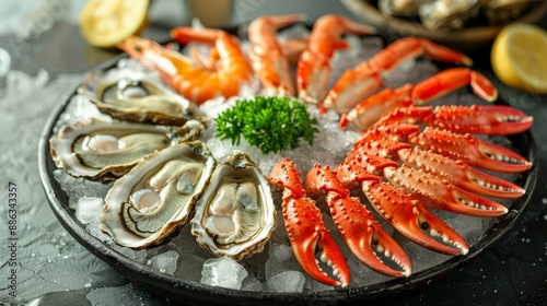 Fresh Seafood Platter with Oysters, Shrimp, and Crab photo