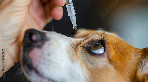 veterinarian ophthalmology doctor instilling eye drops to dog's eyes, beagle, banner, installation of medicaments photo