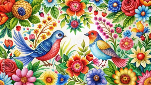 Watercolor painting of Ukranian folk art birds surrounded by colorful flowers, Ukranian, folk art, birds, flowers