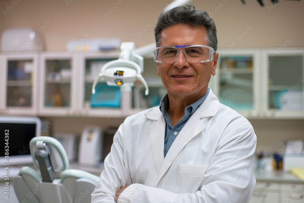 A man in a lab coat stands in front of a dental chair, Dentist in a lab coat and protective eyewear A man in a lab coat stands in front of a dental chair, Dentist in a lab coat and protective eyewear