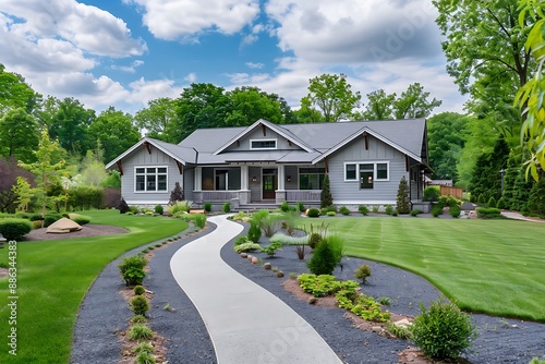 A sprawling craftsman-style new build in soft gray hues, nestled amidst meticulously landscaped gardens. A curved pathway leads to the inviting porch, blending modern aesthetics with classic charm.