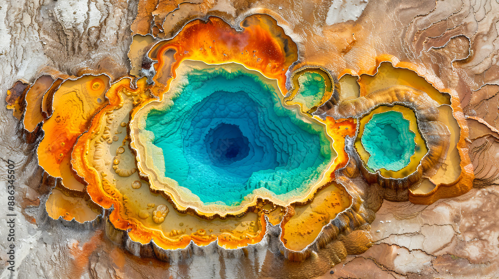 Aerial view of colorful geothermal spring creating abstract shapes Aerial view of colorful geothermal spring creating abstract shapes