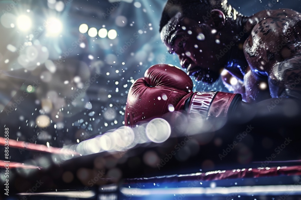 A professional boxer's gloved hand is shown in the foreground, with a close-up shot of the boxer's face in the background A professional boxer's gloved hand is shown in the foreground, with a close-up shot of the boxer's face in the background
