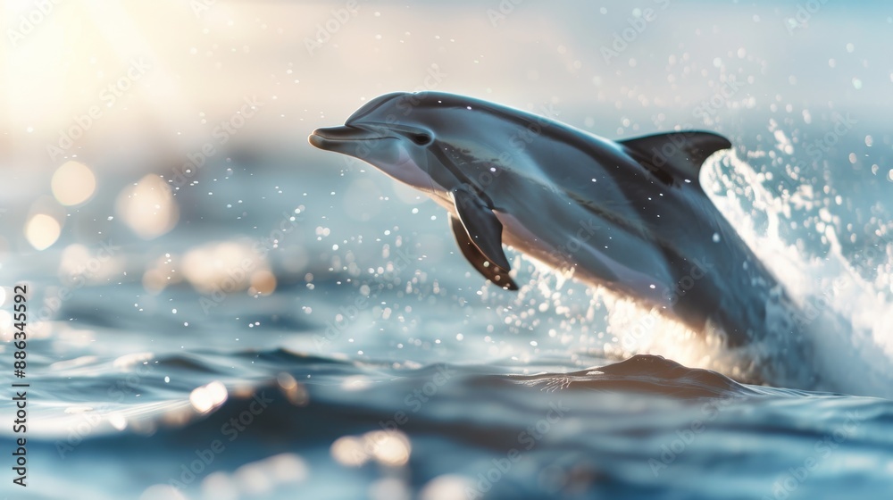 Fototapeta premium A dolphin gracefully leaps out of the ocean water, capturing the essence of marine life and the beauty of nature in a stunning moment.