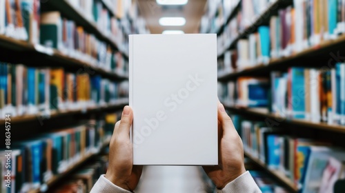 Obraz na płótnie hands holding book with blank white cover in library, mockup for book cover design w salonie
