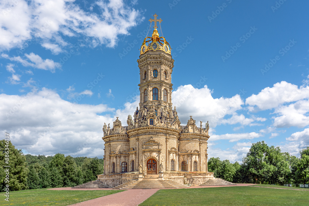 Orthodox church (Znamenskaya), unique monument of Russian architecture of XVII-XVIII century, baroque style, in Dubrovitsy estate, Moscow region, Russia.