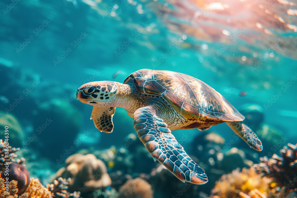 Fototapeta premium Sea Turtle life underwater with colorful coral reef sea, Maldives Indian Ocean coral reef.