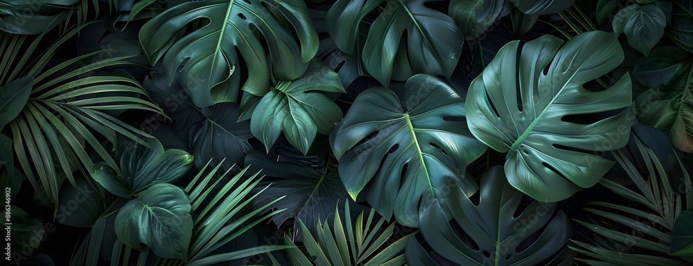 Dark Green Tropical Leaves Nature Background
