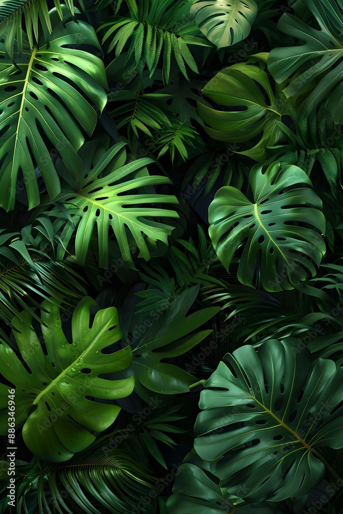 Lush Tropical Leaves Background: Palm & Monstera Lush Tropical Leaves Background: Palm & Monstera
