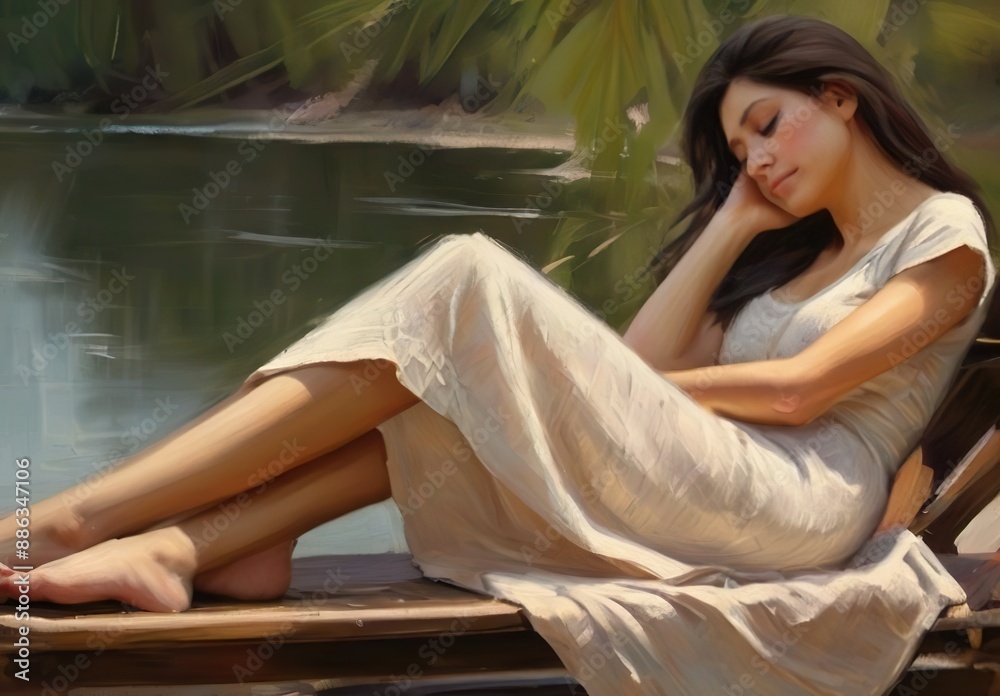 A portrait painting peaceful scene of a young woman in a white dress resting by a lake A portrait painting peaceful scene of a young woman in a white dress resting by a lake