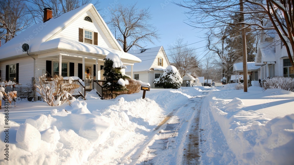 Obraz premium A peaceful residential winter scene featuring snow-covered driveways and homes with neatly carved pathways, radiating a sense of order and calm amidst the season's cold embrace.