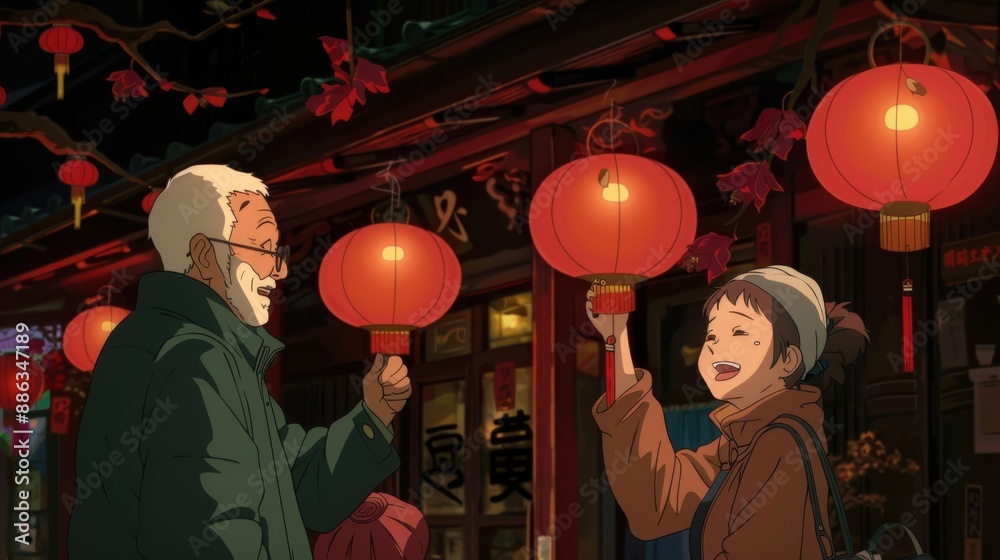Naklejka premium Animated Couple Holding Lanterns