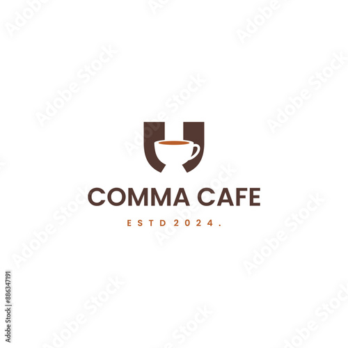 Coffee talk logo, coffee cup mug with comma symbol logo icon on isolated background