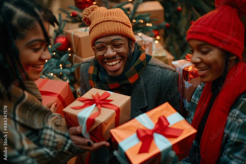 Friends happily exchanging presents in front of festive Christmas tree, Depict a group of friends exchanging thoughtful gifts on Boxing Day Friends happily exchanging presents in front of festive Christmas tree, Depict a group of friends exchanging thoughtful gifts on Boxing Day