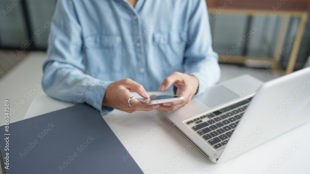 Fototapeta premium Businessman with Smartphone working mobile devices cell telephone technology e-commerce smartphone business professional investor working new start up project