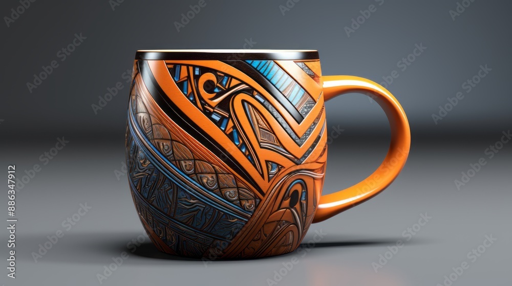 Ceramic cup with ethnic ornament on gray background. 3d illustration Ceramic cup with ethnic ornament on gray background. 3d illustration