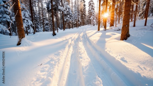 A picturesque sunlit trail through a magical snowy forest highlighting the tall tree trunks and perfect winter landscape, illustrating the serene beauty of winter daylight.