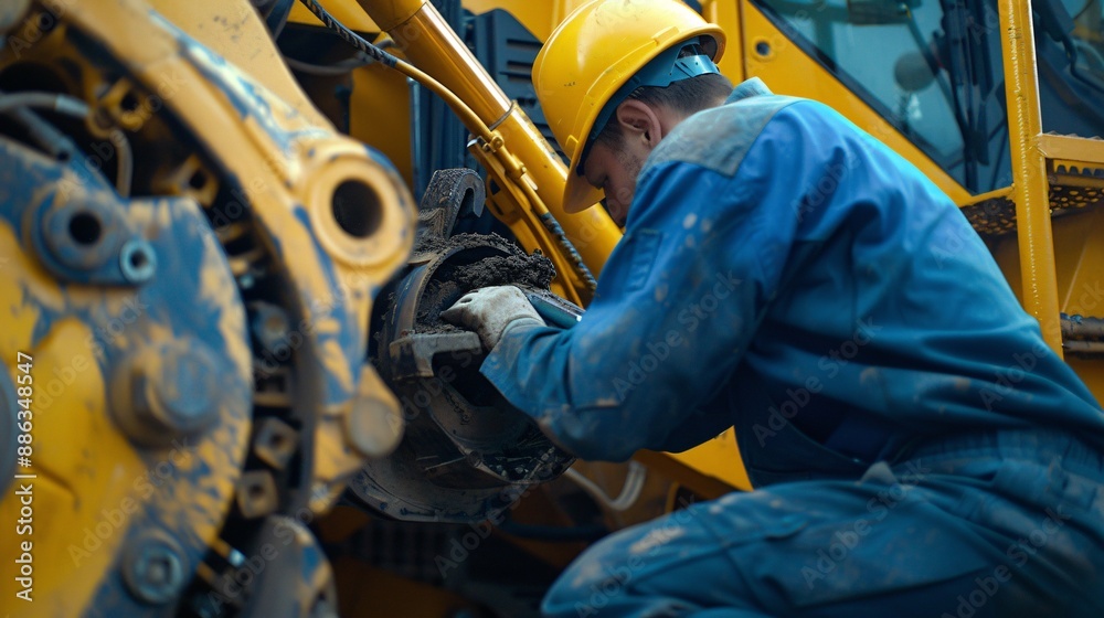 A construction worker wearing a hard hat and blue work clothes inspects a large piece of yellow heavy equipment A construction worker wearing a hard hat and blue work clothes inspects a large piece of yellow heavy equipment