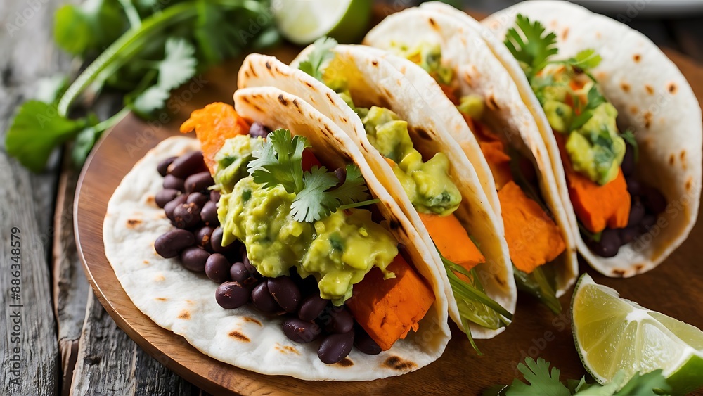 Homemade vegan tacos with black beans, sweet potato and guacamole and tortillas flatbread Homemade vegan tacos with black beans, sweet potato and guacamole and tortillas flatbread