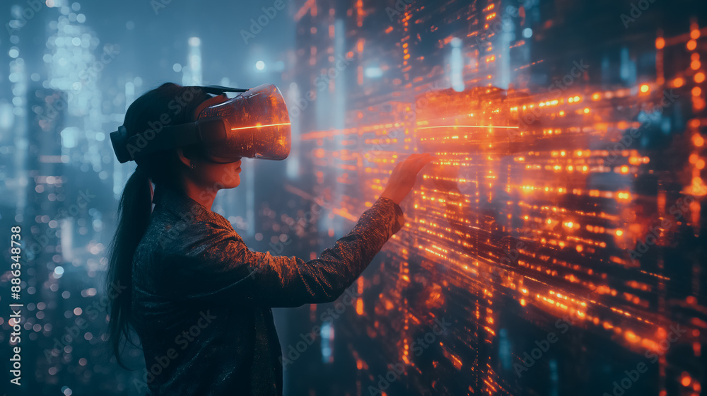 Person in a virtual reality headset in a modern futuristic office, manipulating holographic data displays, city skyline visible, high-tech sleek design. Person in a virtual reality headset in a modern futuristic office, manipulating holographic data displays, city skyline visible, high-tech sleek design.