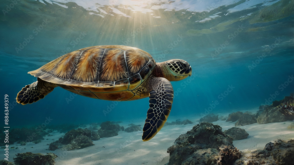 Obraz premium watercolor painting of a sea turtle, Sea turtle sailing in the water
