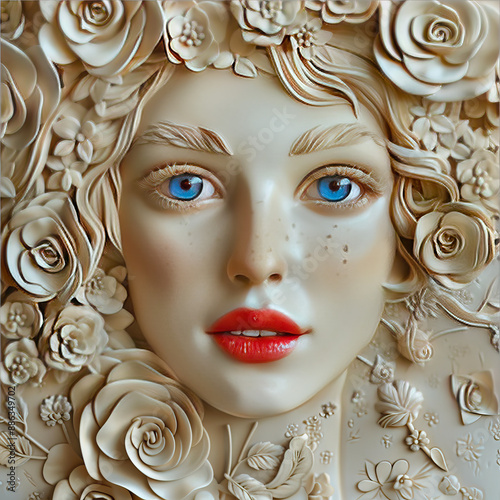 3D bas-relief of a beautiful girl with scarlet lips close-up in beige tones. A resource for creativity, interior decor for exhibition halls, print for clothes, printing in catalogs.