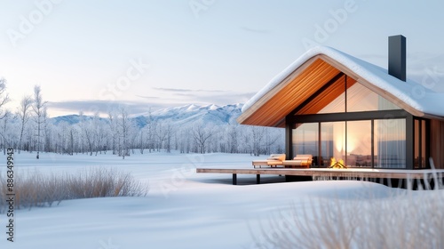 A modern cabin with large windows offers a warm, glowing interior contrast against the cold, snow-covered mountains in twilight. Ideal for luxury winter getaways.