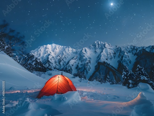 Snowy Mountain Campsite Under Starry Night