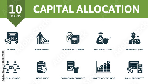 Capital Allocation icon set. Bonds, Retirement, Savings Accounts, Venture Capital, Private Equity, Mutual Funds, Insurance, Commodity Futures, Investment Funds, Bank Products icons and more