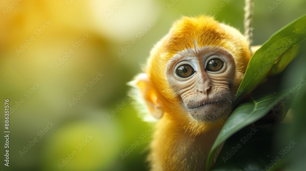 Close-up of a golden monkey peeking from behind green leaves in a sunlit forest, capturing its inquisitive and curious expression. Close-up of a golden monkey peeking from behind green leaves in a sunlit forest, capturing its inquisitive and curious expression.