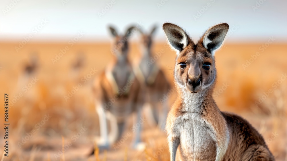 Close-up of a kangaroo in a field with two other kangaroos in the background, captured in a natural setting during the day. Close-up of a kangaroo in a field with two other kangaroos in the background, captured in a natural setting during the day.