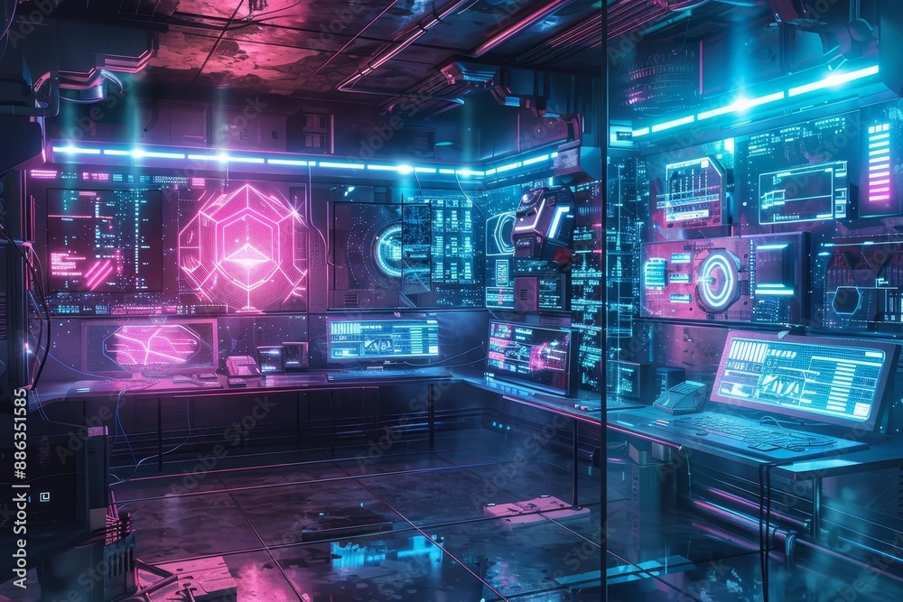 A modern computer room with neon lights and a futuristic design, Depict a virtual fortress protected by advanced security measures in a cyberpunk setting A modern computer room with neon lights and a futuristic design, Depict a virtual fortress protected by advanced security measures in a cyberpunk setting