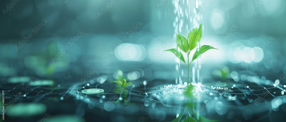 Close-up of fresh plant sprouting with water droplets in a futuristic digital background, symbolizing growth and innovation. Close-up of fresh plant sprouting with water droplets in a futuristic digital background, symbolizing growth and innovation.