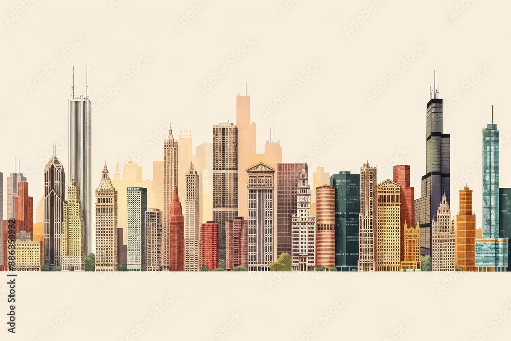 Fototapeta premium A detailed canvas print showcasing the diverse architectural styles of the Chicago skyline, Depict the diversity of architectural styles that define Chicago's unique skyline