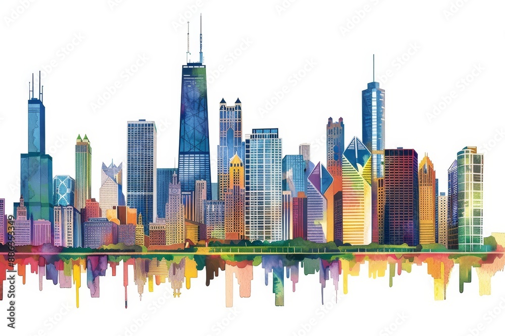 Naklejka premium A detailed watercolor painting of the Chicago skyline against a white background, Depict the diversity of architectural styles that define Chicago's unique skyline
