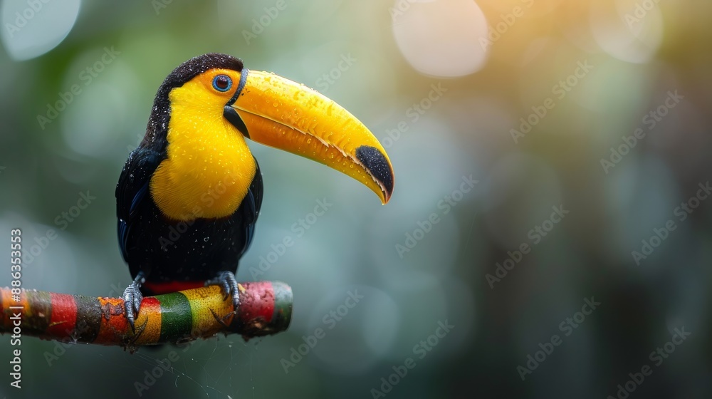 Fototapeta premium Colorful toucan perched on a branch with a blurred natural background, showcasing its vibrant plumage and large beak.