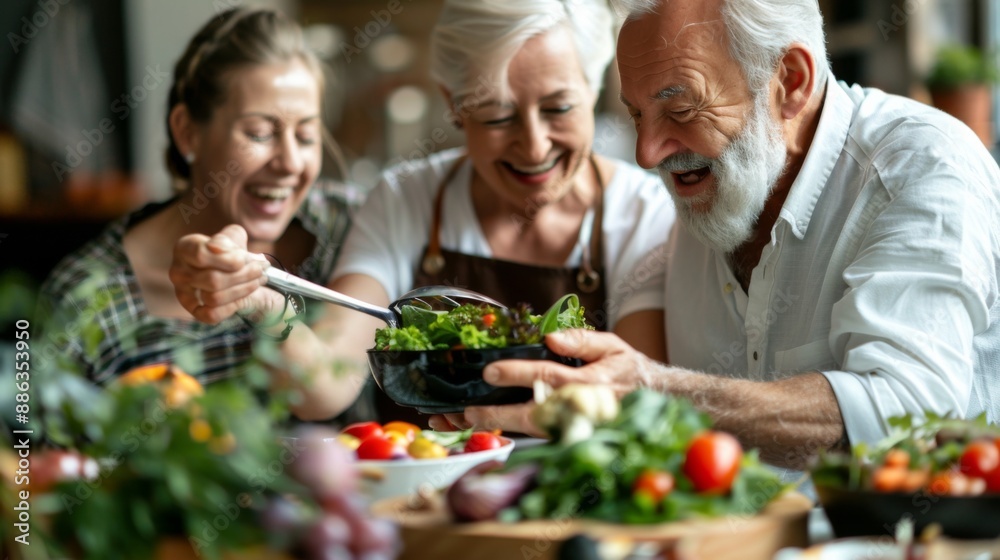 Joyful Seniors Share a Healthy Meal in a Welcoming Kitchen Joyful Seniors Share a Healthy Meal in a Welcoming Kitchen