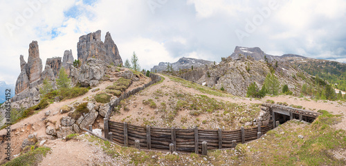 mountain infantry trench with wooden wall from the 1st world war. landscape cinque torri dolomites photo