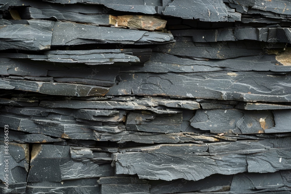 Detailed view of a layered and uneven black stone wall, Depict the layered and uneven surface of slate Detailed view of a layered and uneven black stone wall, Depict the layered and uneven surface of slate