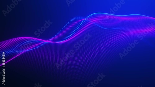 Animated dot wave. Abstract digital particle wave. Technology background. Colored musical wave. Dark background. Digital background with smooth, wavy curves. 3D rendering. 4K animation