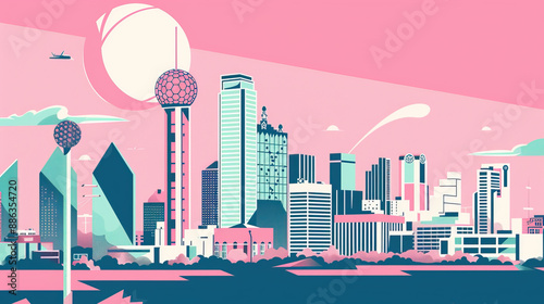 Risograph riso print travel poster, card, wallpaper or banner illustration, modern, isolated, clear, simple of Dallas, Texas, USA. Artistic, screen printing, stencil photo