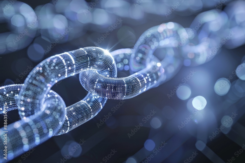 A detailed view of a chain in focus against a blurred backdrop, Depict the potential impact of blockchain technology on various industries A detailed view of a chain in focus against a blurred backdrop, Depict the potential impact of blockchain technology on various industries