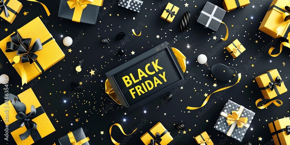 Obraz premium BLACK FRIDAY sale banner adorned with gift boxes against a Black Friday-themed background. Illustration showcasing gifts and deals in a black and yellow color scheme