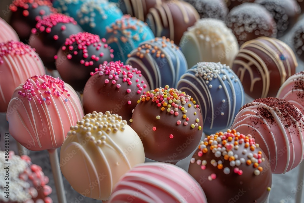 A variety of cake pops in different colors and decorations, displayed in a stand. A variety of cake pops in different colors and decorations, displayed in a stand.