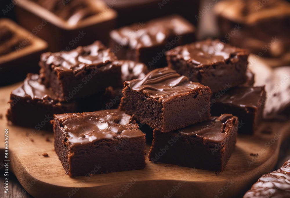 classic american brownies with a fudgy center, served on a wooden board

